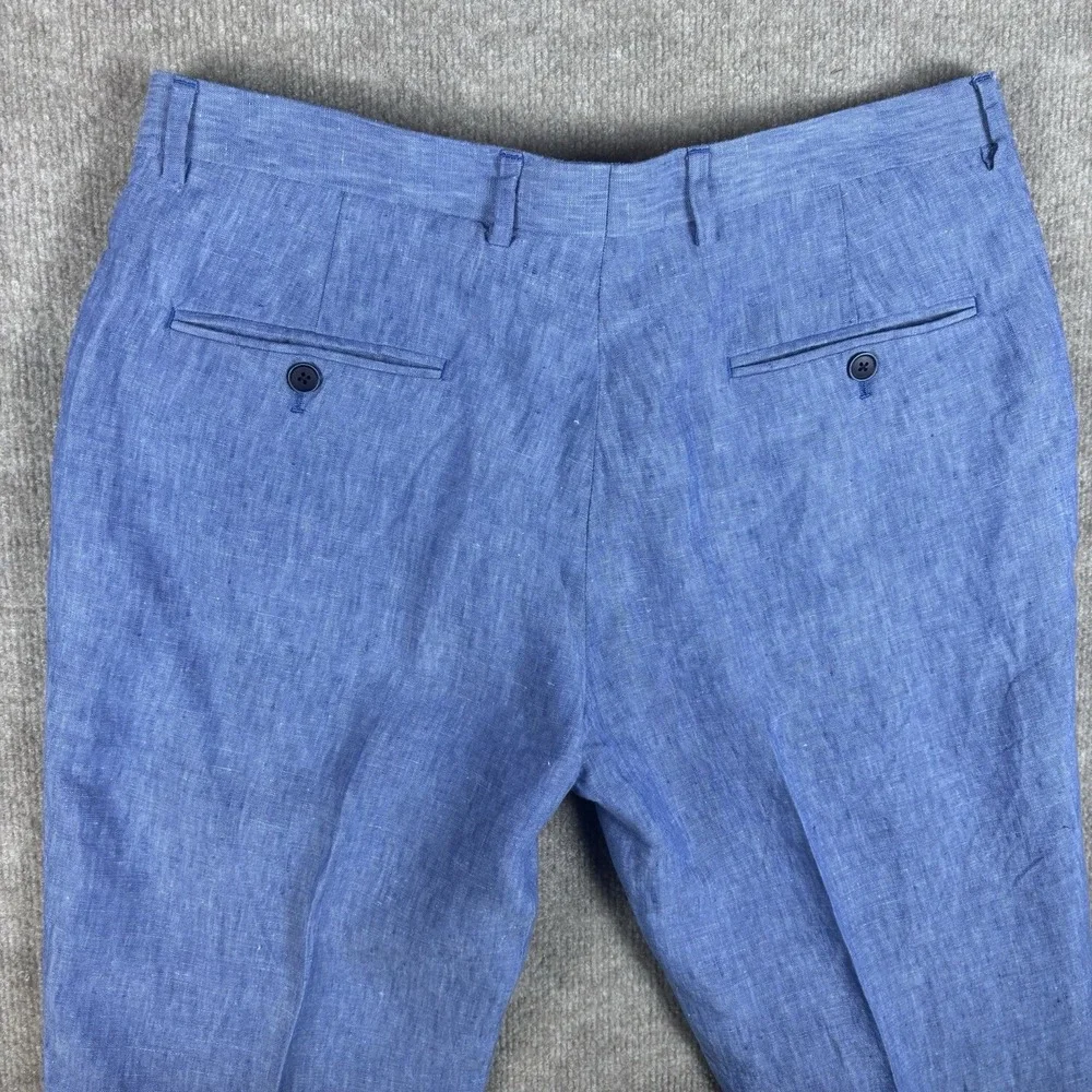 Tommy Hilfiger Mens Linen Pants 36x30 Blue 100% Linen Flat Front Dress